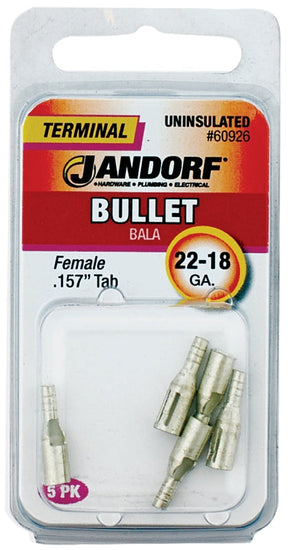 Jandorf Bullet Terminal, 600 V, 22 to 18 AWG Wire, Copper Contact, Tin, 5/PK  #60926 Jandorf