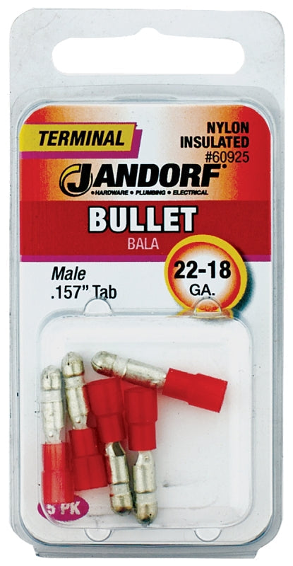 Jandorf Bullet Terminal, 600 V, 22 to 18 AWG Wire, Nylon Insulation, Copper Contact, Red, 5/PK #60925 Jandorf