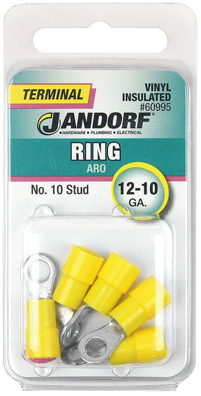 Jandorf Ring Terminal, 12 to 10 AWG Wire, Vinyl Insulation, Copper Contact, Tin Contact Coating, #10 Stud, Yellow #60995 Jandorf