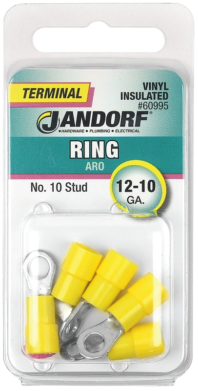 Jandorf Ring Terminal, 12 to 10 AWG Wire, Vinyl Insulation, Copper Contact, Tin Contact Coating, #10 Stud, Yellow #60995 Jandorf