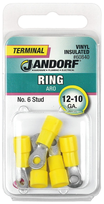 Jandorf Ring Terminal, 12 to 10 AWG Wire, Vinyl Insulation, Copper Contact, Tin Contact Coating, #6 Stud, Yellow #60840 Jandorf