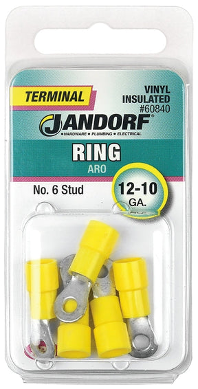 Jandorf Ring Terminal, 12 to 10 AWG Wire, Vinyl Insulation, Copper Contact, Tin Contact Coating, #6 Stud, Yellow #60840 Jandorf