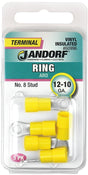 Jandorf Ring Terminal, 12 to 10 AWG Wire, Vinyl Insulation, Copper Contact, Tin Contact Coating, #8 Stud, Yellow #60996 Jandorf