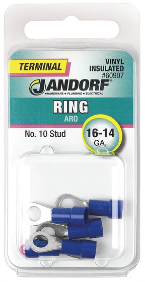 Jandorf Ring Terminal, 16 to 14 AWG Wire, Vinyl Insulation, Copper Contact, Tin Contact Coating, #10 Stud, Blue #60907 Jandorf