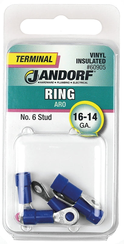 Jandorf Ring Terminal, 16 to 14 AWG Wire, Vinyl Insulation, Copper Contact, Tin Contact Coating, #6 Stud, Blue #60905 Jandorf