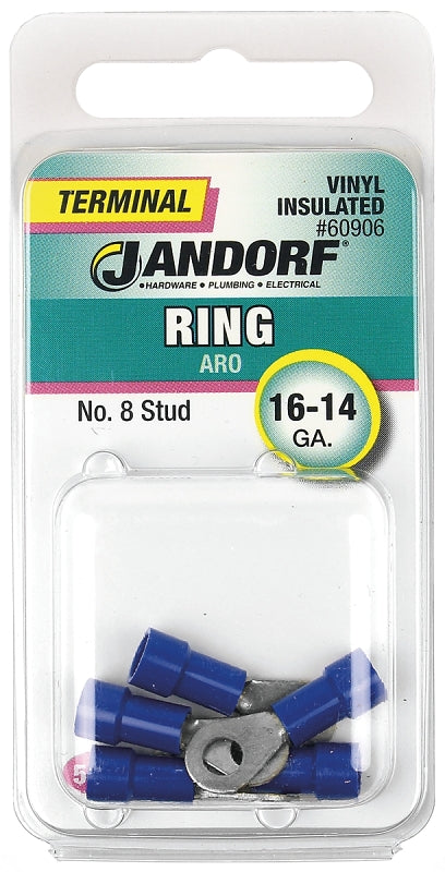Jandorf Ring Terminal, 16 to 14 AWG Wire, Vinyl Insulation, Copper Contact, Tin Contact Coating, #8 Stud, Blue # 60906 Jandorf