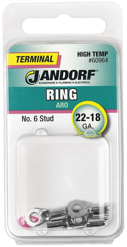 Jandorf Ring Terminal, 22 to 18 AWG Wire, #6 Stud, Copper Contact, Tin, 5/PK #60964 Jandorf