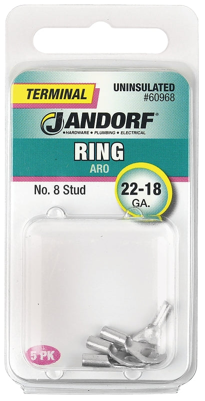 Jandorf Ring Terminal, 22 to 18 AWG Wire, #8 Stud, Copper Contact #60968 Jandorf