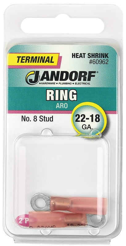 Jandorf Ring Terminal, 22 to 18 AWG Wire, #8 Stud, Copper Contact, Pink #60962 Jandorf