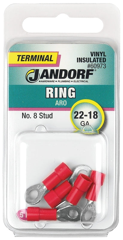 Jandorf Ring Terminal, 22 to 18 AWG Wire, #8 Stud, Vinyl Insulation, Copper Contact, Red #60973 Jandorf