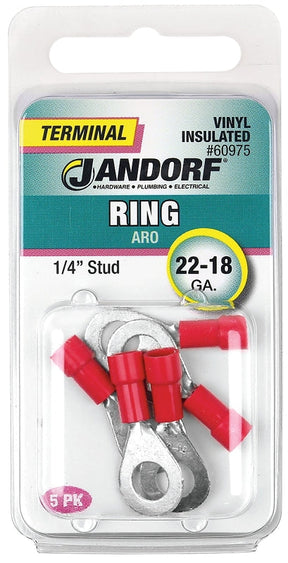 Jandorf Ring Terminal, 22 to 18 AWG Wire, Vinyl Insulation, Copper Contact, Tin Contact Coating, 1/4 in Stud, Red #60975 Jandorf