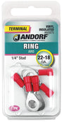Jandorf Ring Terminal, 22 to 18 AWG Wire, Vinyl Insulation, Copper Contact, Tin Contact Coating, 1/4 in Stud, Red #60975 Jandorf