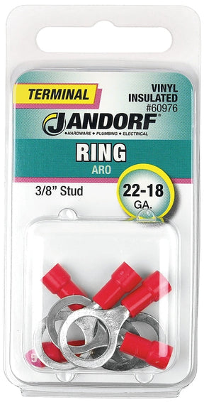 Jandorf Ring Terminal, 22 to 18 AWG Wire, Vinyl Insulation, Copper Contact, Tin Contact Coating, 3/8 in Stud, Red #60976 Jandorf