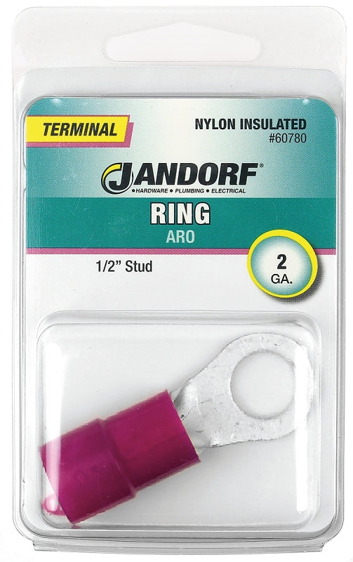 Jandorf Ring Terminal, 2 AWG Wire, 1/2 in Stud, Nylon Insulation, Copper Contact, Red #60780 Jandorf