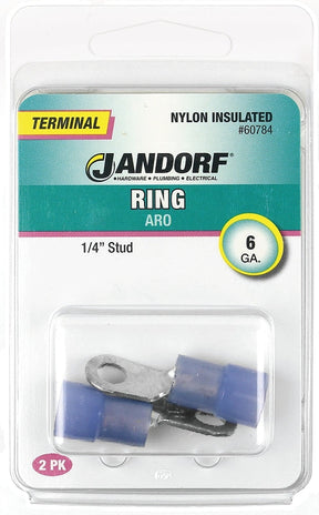 Jandorf Ring Terminal, 6 AWG Wire, 1/4 in Stud, Nylon Insulation, Copper Contact, Blue #60784 Jandorf