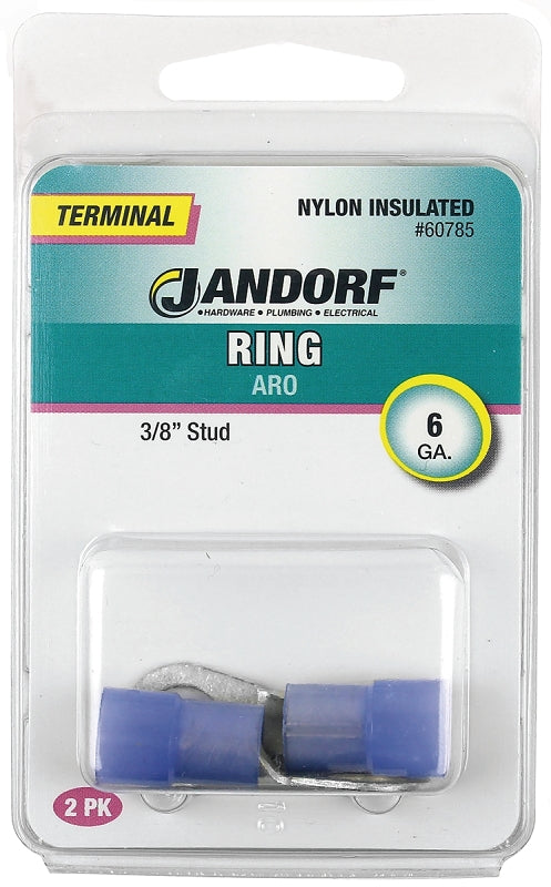 Jandorf Ring Terminal, 6 AWG Wire, 3/8 in Stud, Nylon Insulation, Copper Contact, Blue #60785 Jandorf
