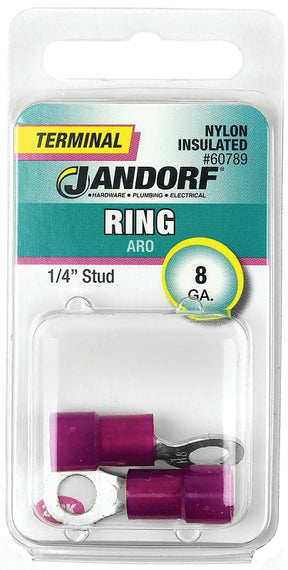 Jandorf Ring Terminal, 8 AWG Wire, 1/4 in Stud, Nylon Insulation, Copper Contact, Red #60789 Jandorf