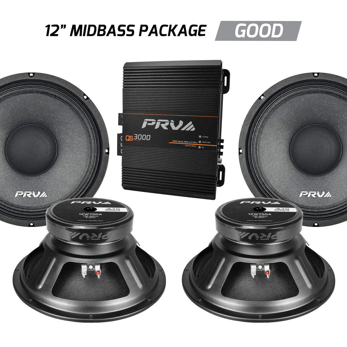 PRV Audio 3000W 12-inch Woofer and Amplifier Bundle 4-Pack