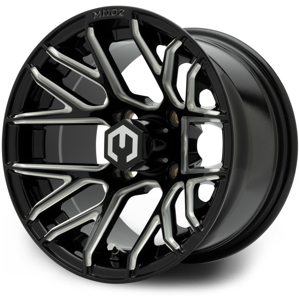 MODZ® Matrix 12x7 | -25 Offset Glossy Black with Ball Mill 12" Golf Cart Wheel