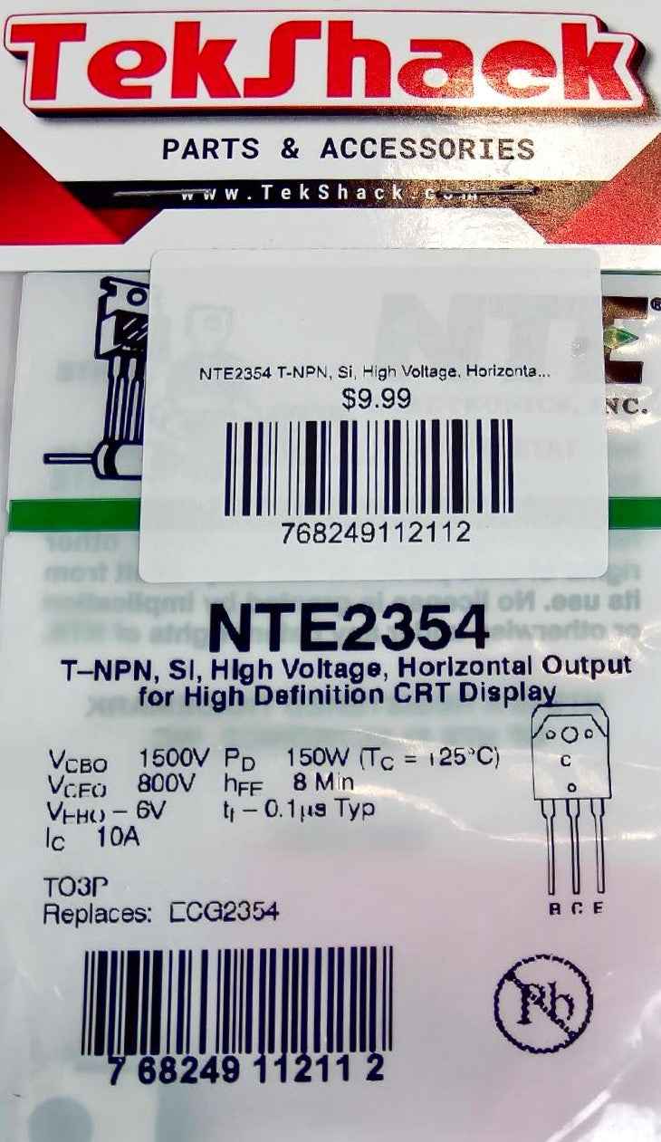 NTE2354 T-NPN, Si, High Voltage, Horizontal Output for High Definition CRT Display NTE