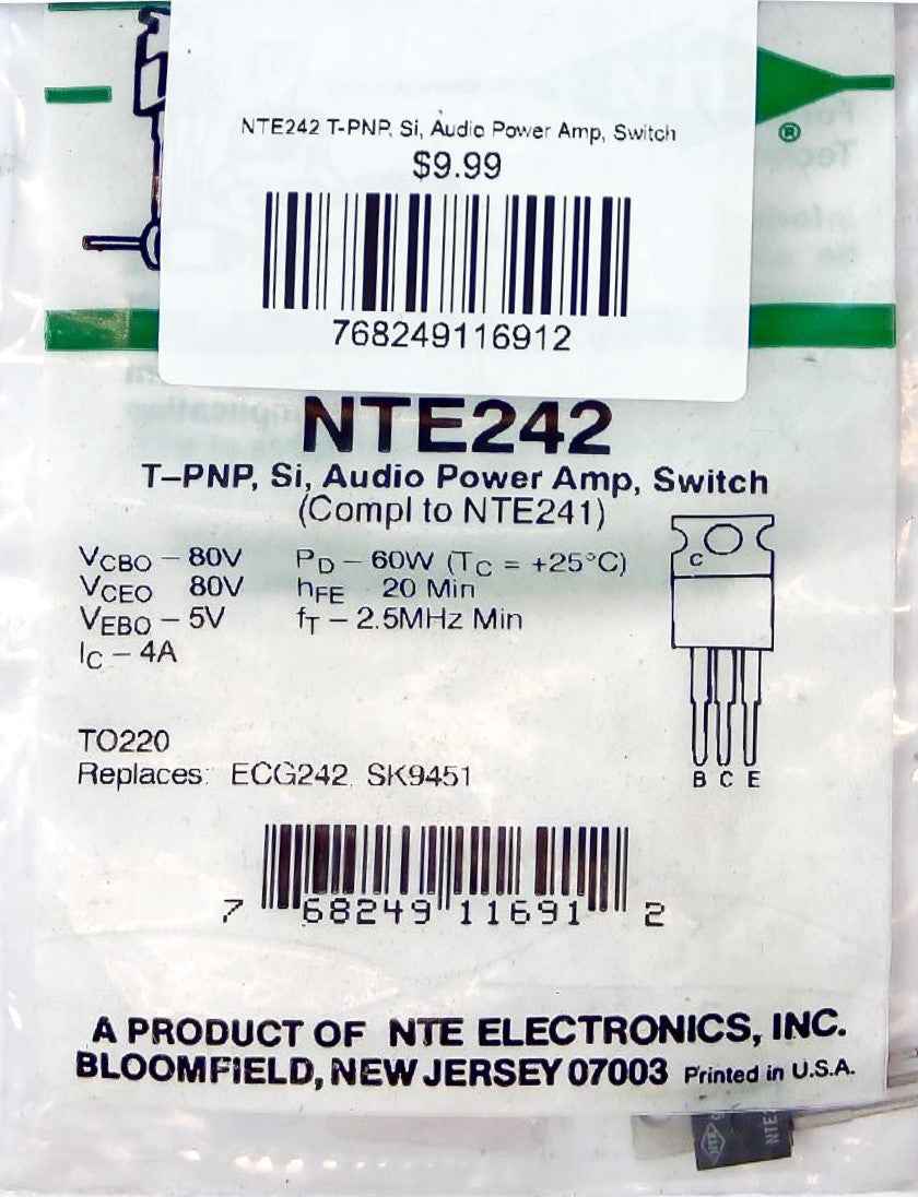 NTE242 T-PNP, Si, Audio Power Amp, Switch NTE