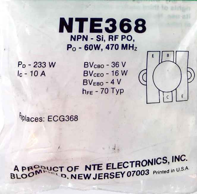 NTE368 NPN- Si, RF PO, 60W, 470 Mhz NTE