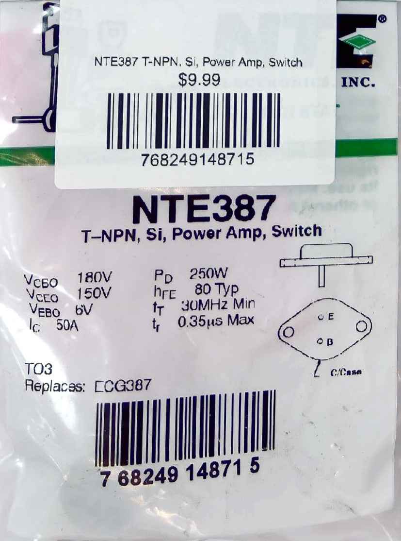 NTE387 T-NPN, Si, Power Amp, Switch NTE