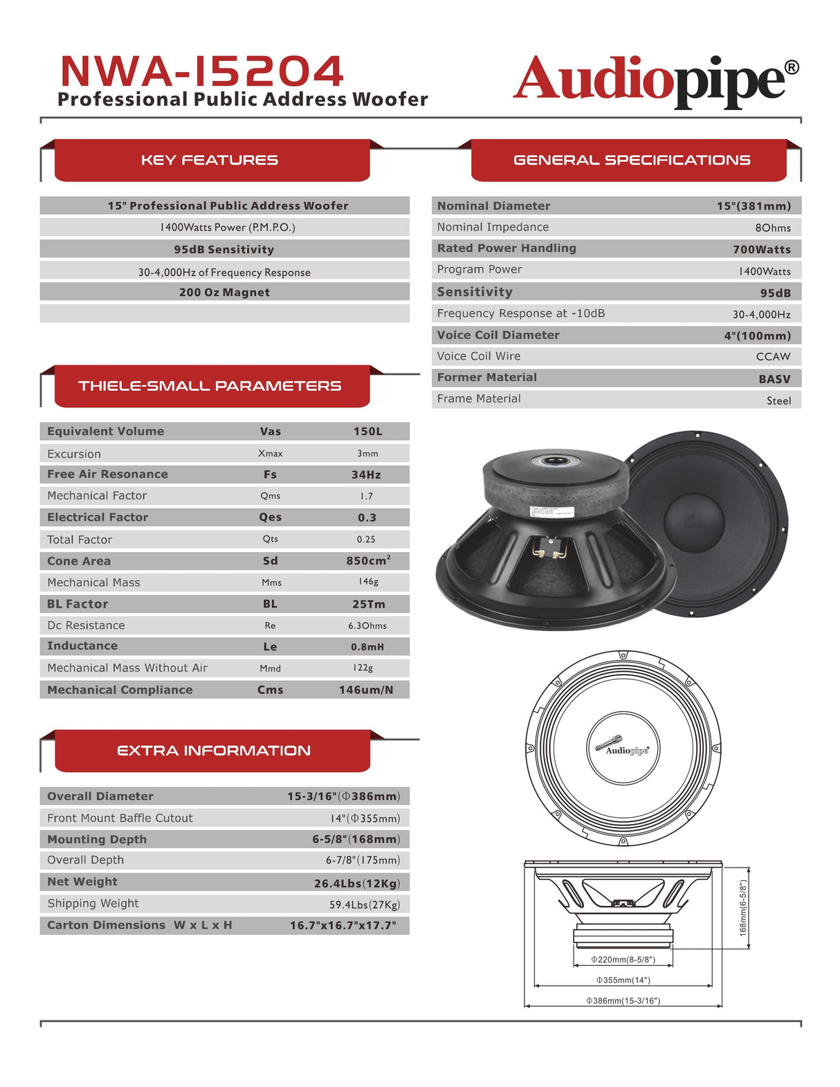15“  Pro Audio Woofer (NWA-15204) Audiopipe