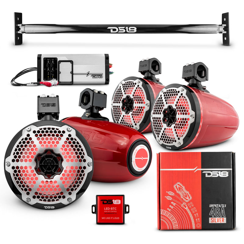 JL-TUBE 4x 8" Marine Towers Speakers with RGB LED Lights, 4-Channel Marine Amplifier and AMPKIT for Jeep JL