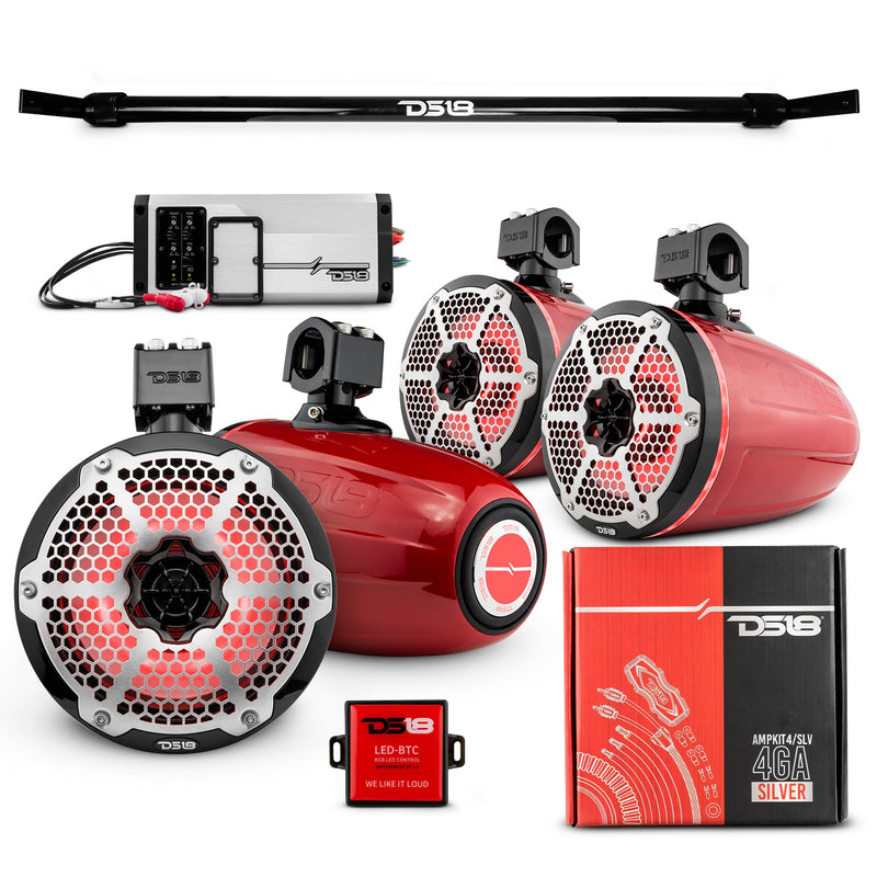 JT-TUBE 4x 8" Marine Towers Speakers with RGB LED Lights, 4-Channel Marine Amplifier and AMPKIT for Jeep JT Gladiator