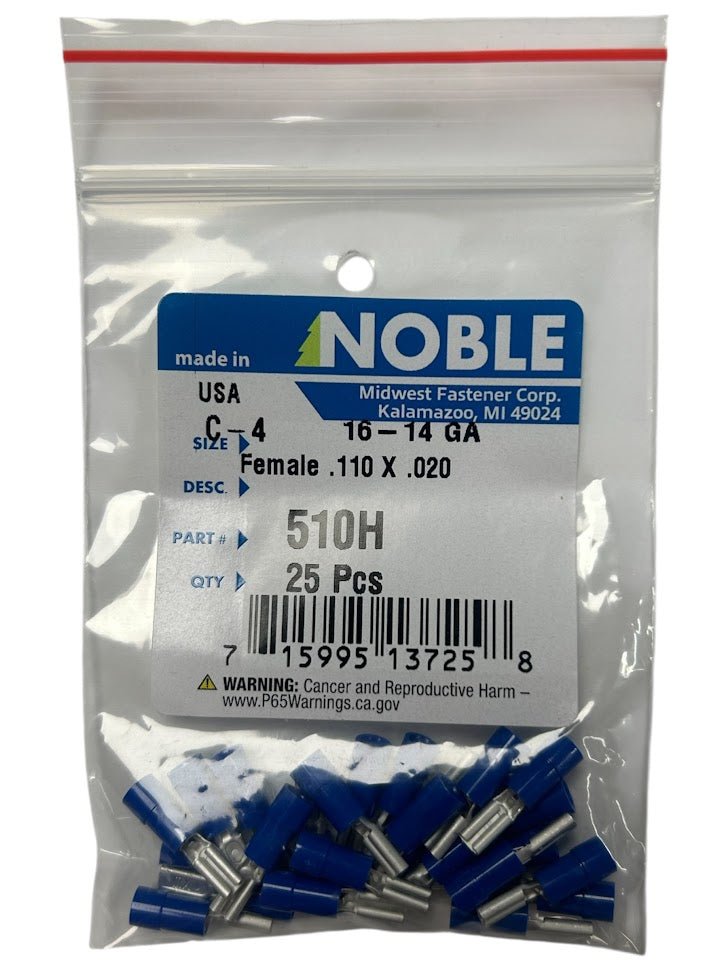 Noble Female Vinyl Disconnect Terminal – .110 Tab, 16-14 GA, 25-Pack #510H Noble