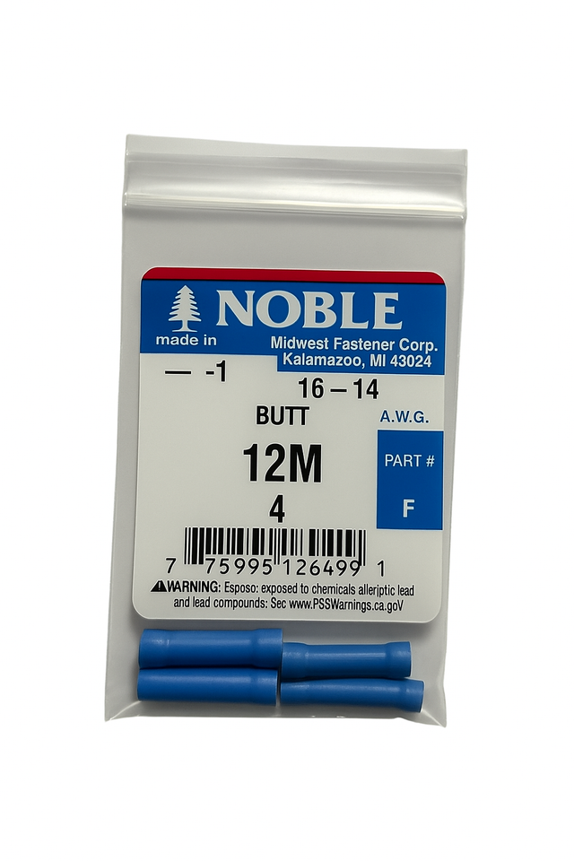 Noble Terminal Butt Splice – Vinyl 16–14 GA (4-Pack) #12M Noble