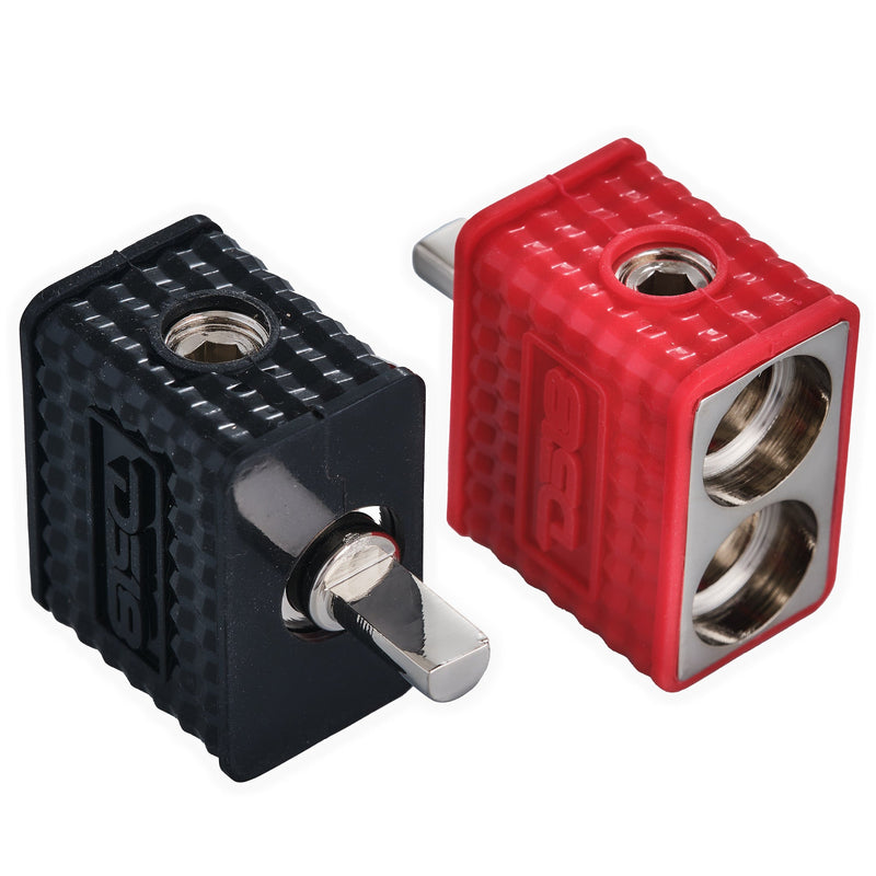 Dual 1/0-GA to 1/4-GA Amp Input Reducers with Offset Stub and Silicone Cover - BLACK/RED