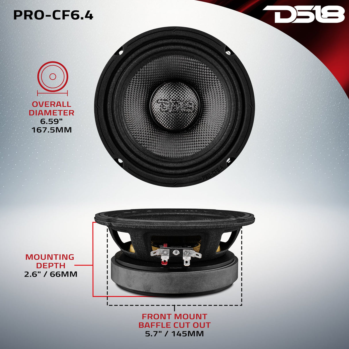 6.5” Motorcycle & Motorsports Loudspeaker With Water Resistant Carbon Fiber Cone | 4-Ohm 300W RMS DS18