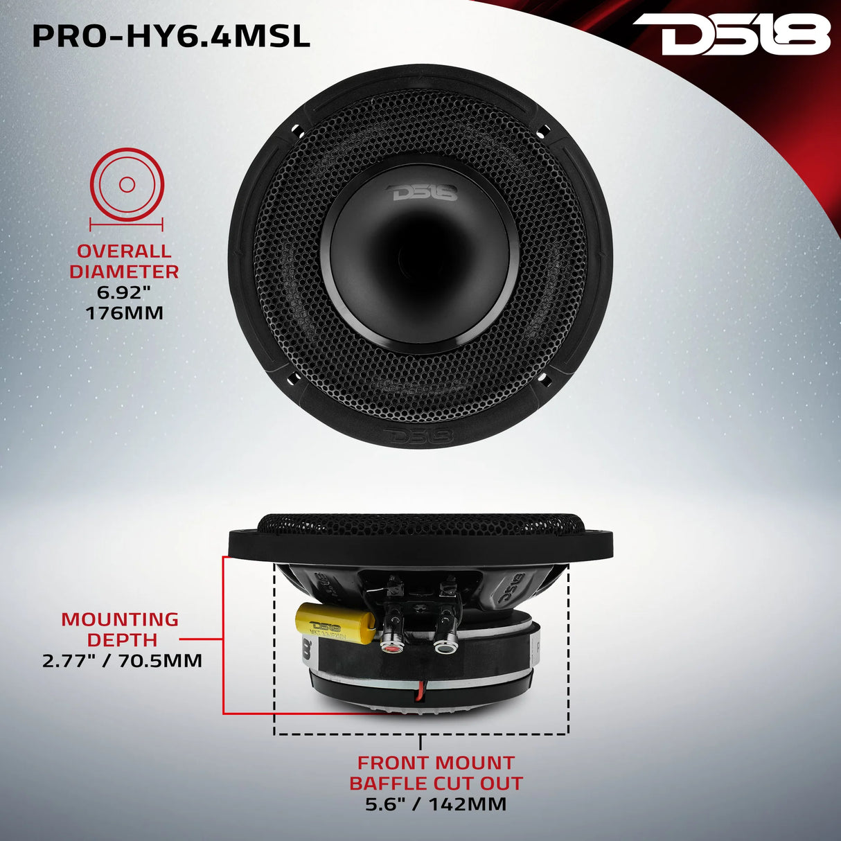 DS18 PRO 6.5" Shallow Coaxial Hybrid Mid-Range Loudspeaker with Built-in Driver 150 Watts Rms 4-Ohm