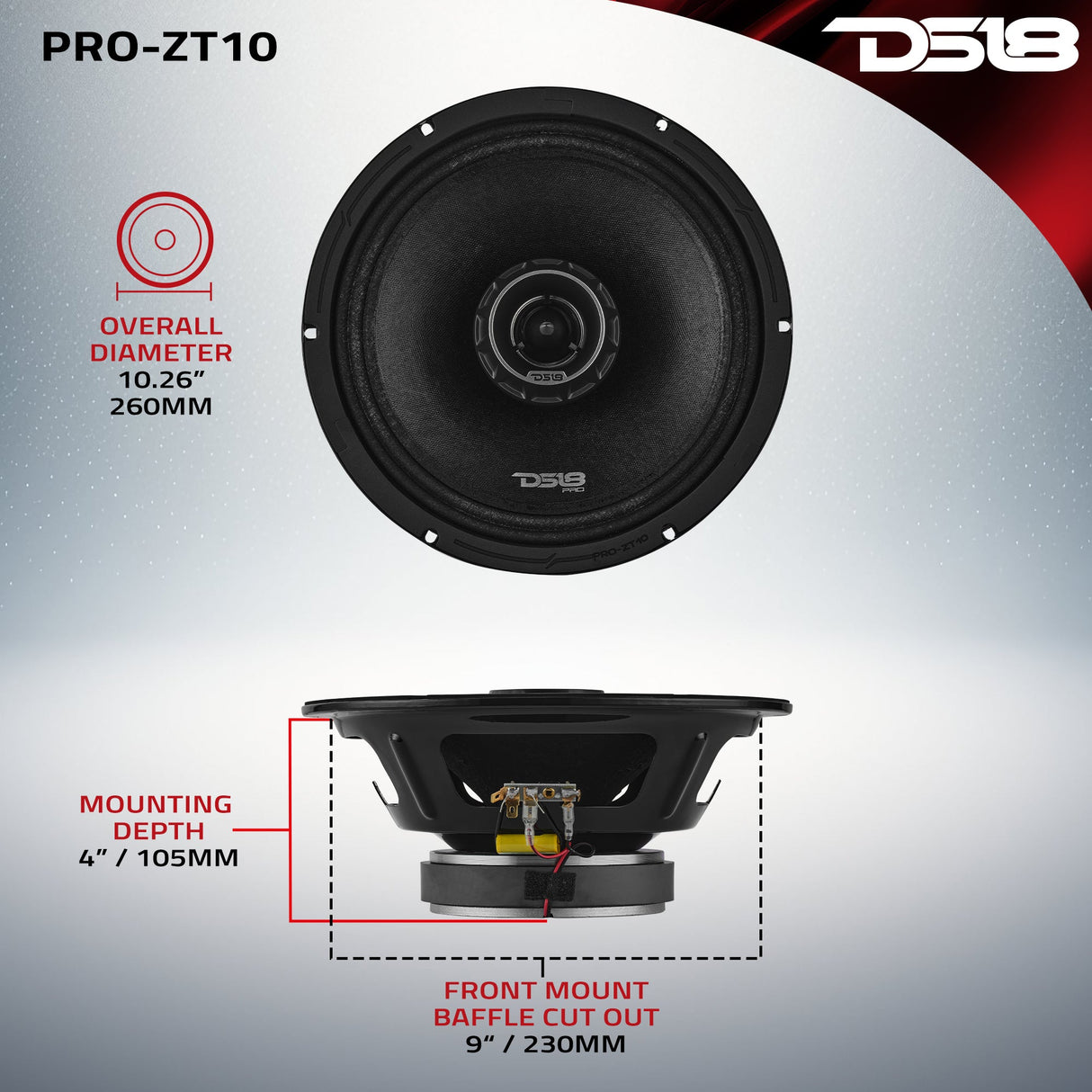 PRO-ZT 10" Coaxial Mid-Range Loudspeaker with Water-Resistant Cone Built-in Bullet Tweeter | 300W RMS  4-Ohm