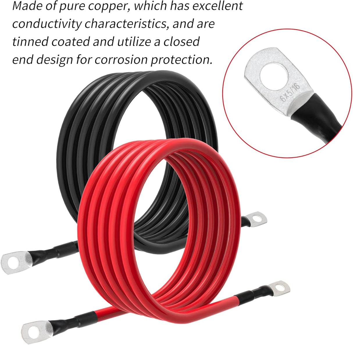 6 AWG Battery Cable – 3FT-5FT 6 Gauge Power Inverter Cable with 5/16" Tinned Copper Lugs TekShack