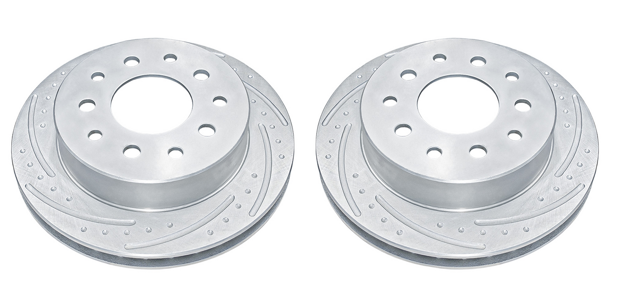 New Performance Front Rotors (Pair)  Dimple Drilled, Slotted and Zinc Plated.