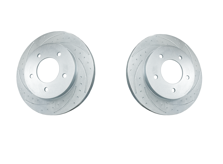 New Performance Rear Rotors (Pair) Dimple Drilled, Slotted and Zinc Plated.