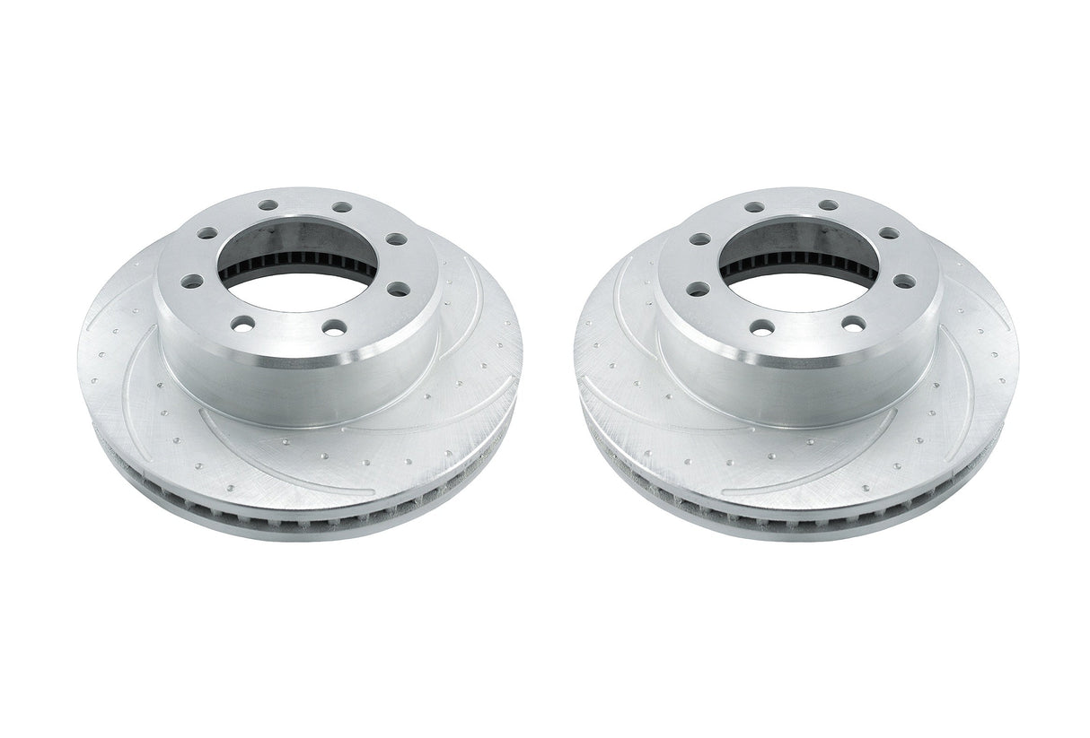 New Performance Rear Rotors (Pair) Dimple-Drilled, Slotted, Zinc Plated.