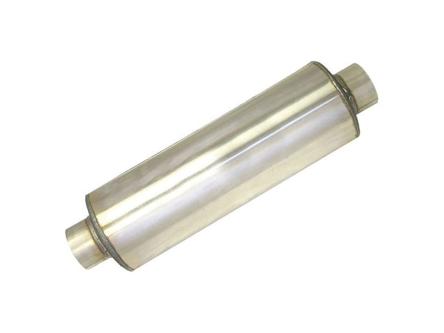 Stainless Steel 8" x 14" Round Muffler, 4" In x 4" Out, 20" Overall Length, Fiberglass Packed Perforated Core, Universal SCS