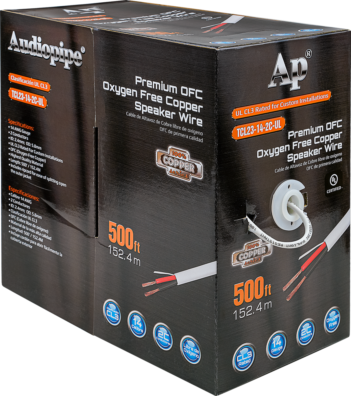 Premium 14 Gauge Oxygen Free Copper Speaker Wire (TCL23-14-2C-UL) Audiopipe