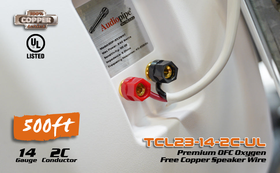 Premium 14 Gauge Oxygen Free Copper Speaker Wire (TCL23-14-2C-UL) Audiopipe