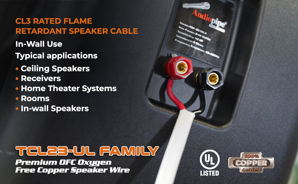 Premium 14 Gauge Oxygen Free Copper Speaker Wire (TCL23-14-4C-UL) Audiopipe