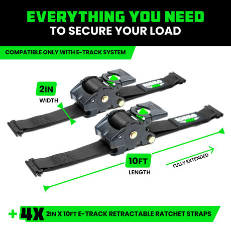 2" x 10' Retractable E-Track Ratchet Straps