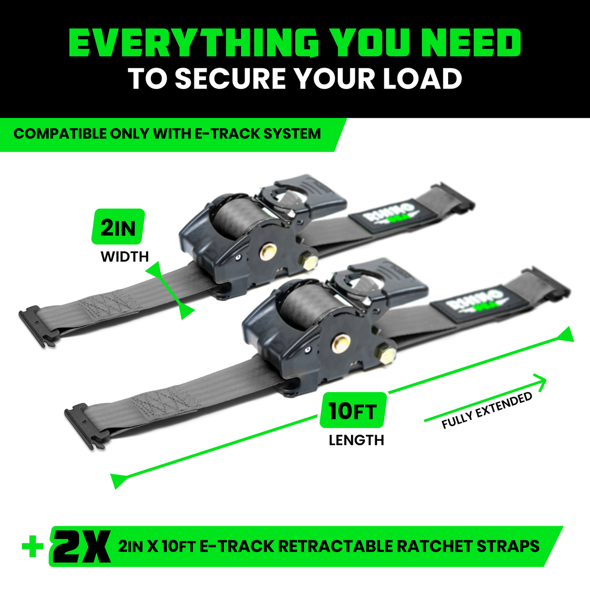 2" x 10' Retractable E-Track Ratchet Straps