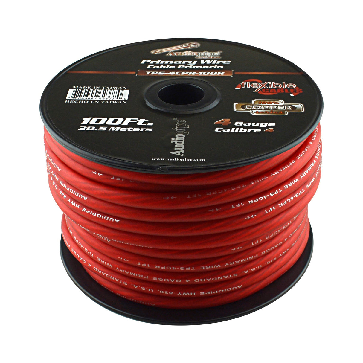 TPS-4CPR-100R - 4 Gauge 100’ 100% Copper Flexible Primary Wire - Red Audiopipe