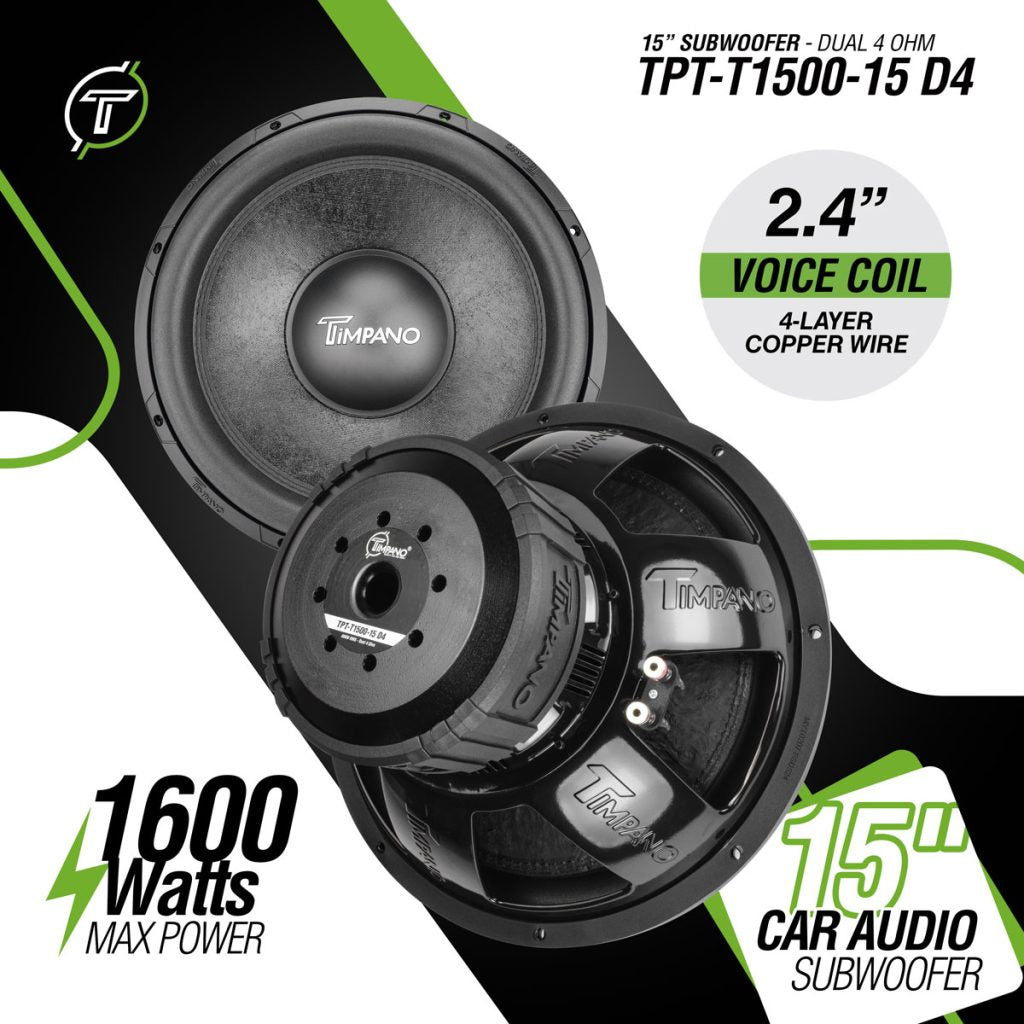 TPT-T1500-15 D4 | Timpano 15″ Car Audio Subwoofer 1600 Watts Dual 4 Ohm Timpano