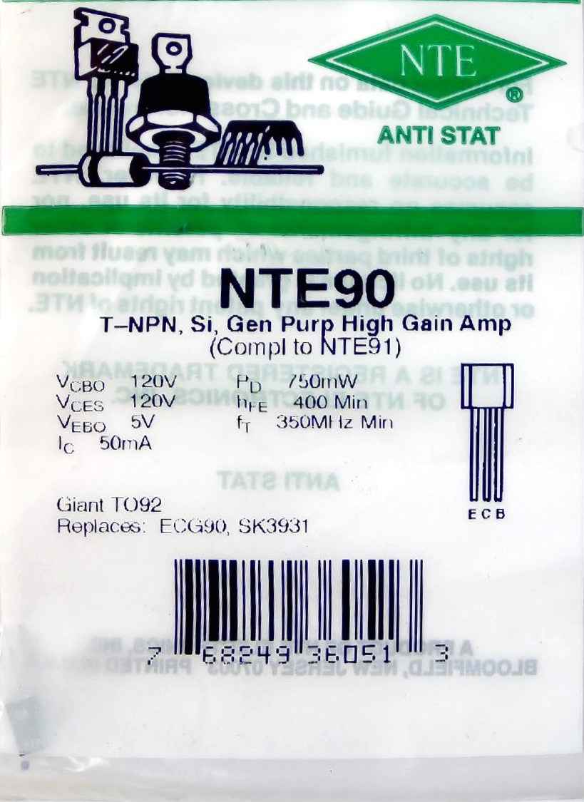 NTE90 T-NPN, Si, Gen Purp High Gain Amp NTE