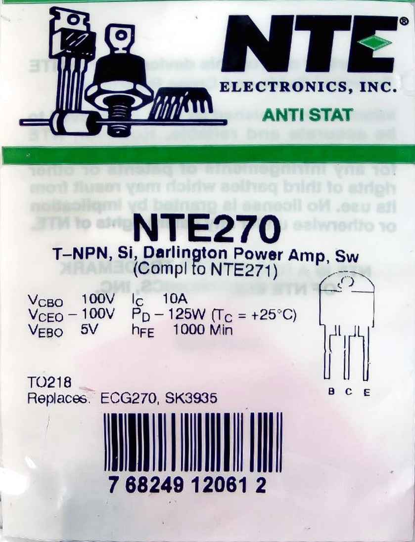NTE270 T-NPN, Si, Darlington Power Amp, Sw NTE